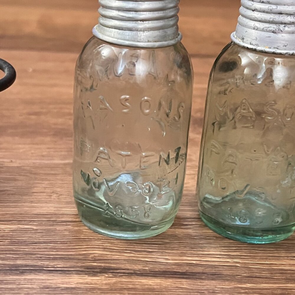 Vintage Mason Jar Salt, Pepper, Spice Holder with Iron Caddy - Picture 3 of 11